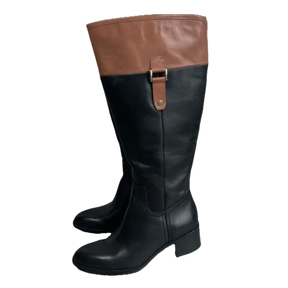 Franco Sarto Women's Black Brown Leather Tall‎ Riding Boots 7.5 Wide Calf